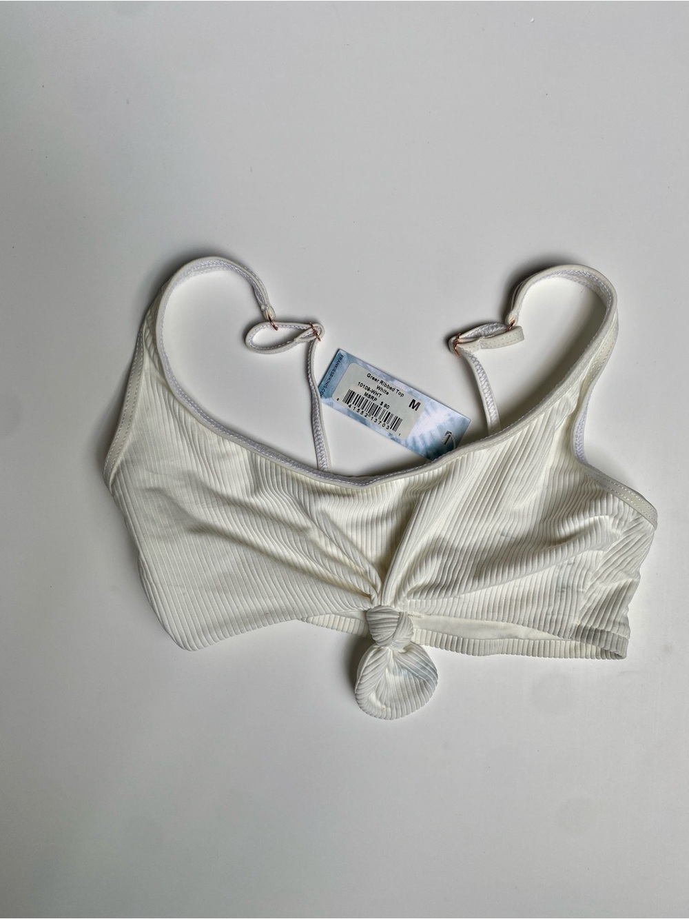 Frankie's Bikinis Ribbed Knot Front Swim Bra in Off-White (M)